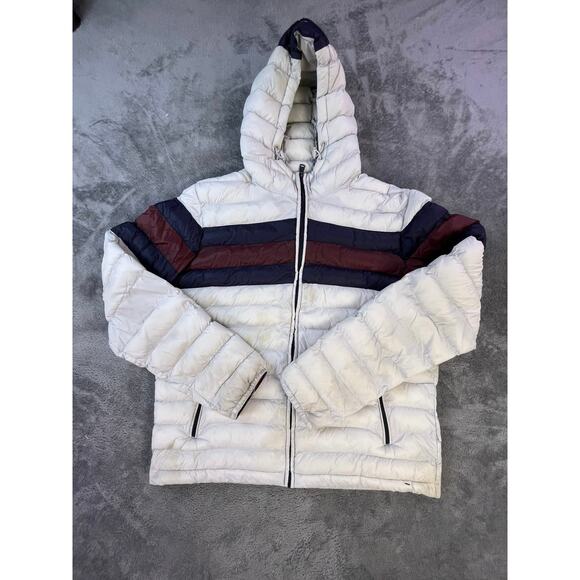 Tommy Hilfiger Mens Large Puffer Jacket White Navy Hooded Spellout Winter Coat - Picture 2 of 11